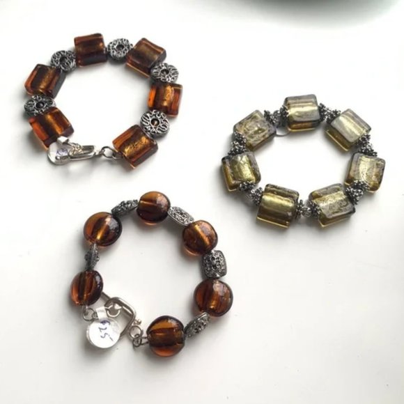 Orange & Gold Handmade Glass & Metal Bracelet Trio with Silver Accents - Picture 14 of 16